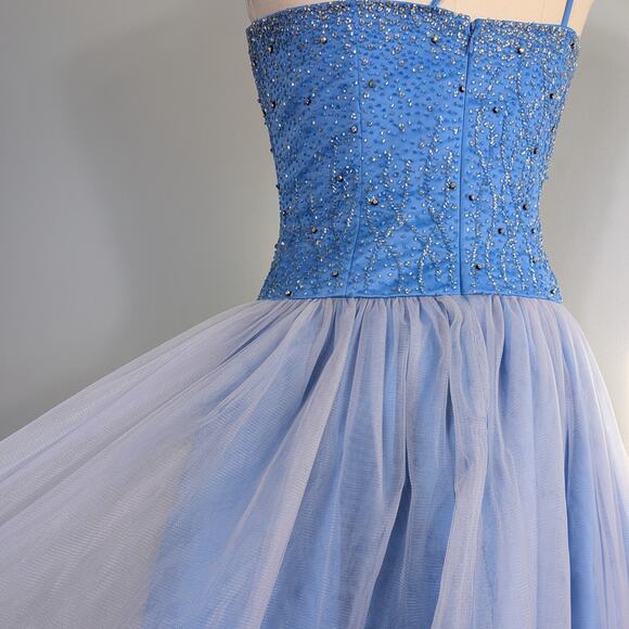 Vintage Prom Dress Maxi Gown 10 Blue Y2K Bead Tulle Shoulder Ball Cinderella - Picture 2 of 16